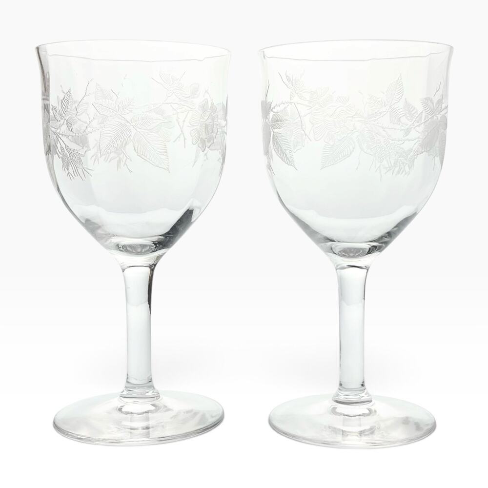 Seneca “Rose” Pair of Etched Optic Water Glasses 6 1/4” 10oz